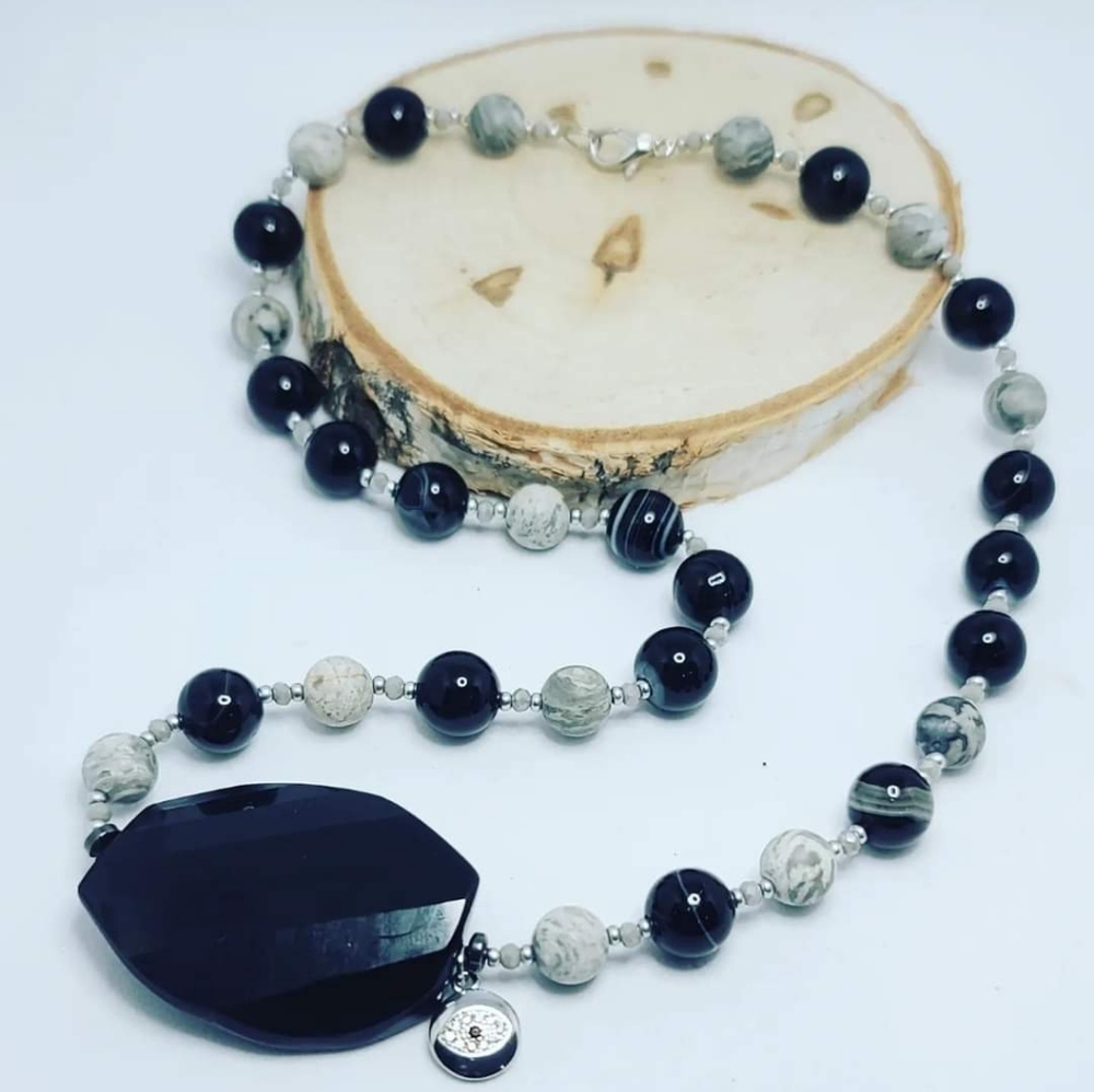 Black Agate, Picture Jasper, Evil Eye Charm necklace